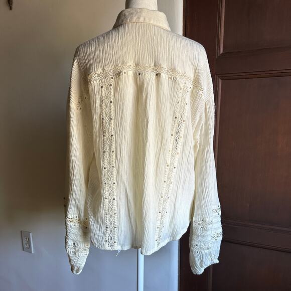 Free People Summer Stars Cream Gauze Boxy Button Down Blouse Boho Small - Picture 2 of 7